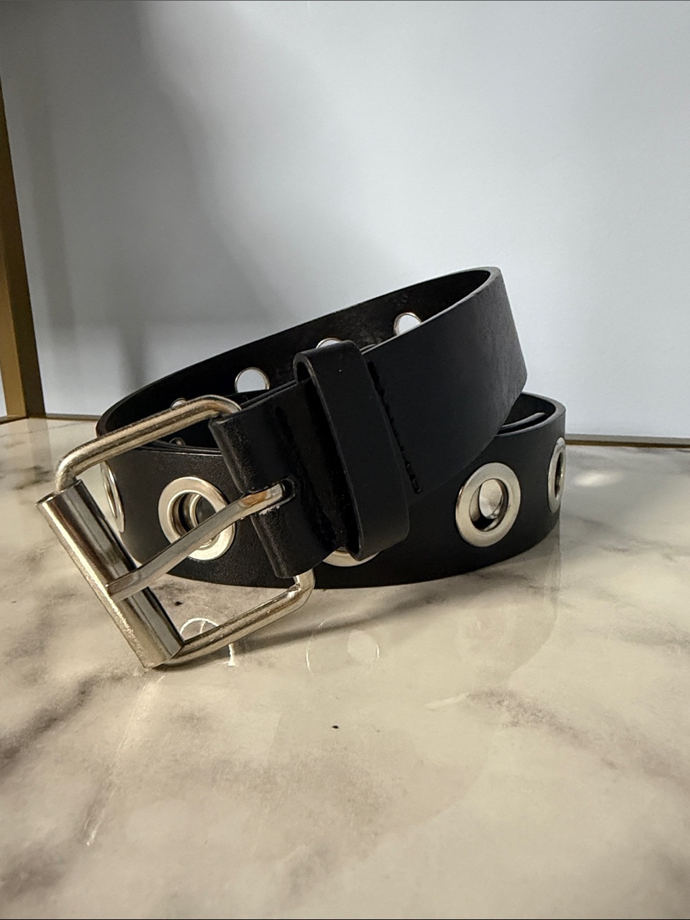 Women’s Black Grommet Belt with Silver Hardware - GARAGE - M/L